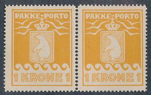 1930. 1 kr. orange. Pos. 6-7. Postfriskt parstykke med variant Væltet E. Wowern 34Ha