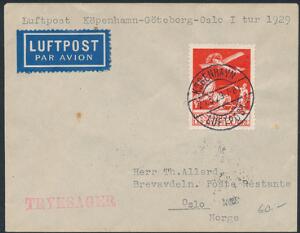 1925. Gl. luftpost, 25 øre, rød. Singel på lille brev fra København 21.5.29 til Oslo. Ankomststempel 22.V.29