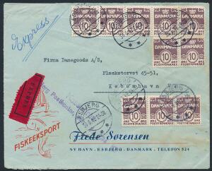 1938. 10 øre, Bølgelinie, gråviolet. 10 stk. på dekorativt EXPRES brev, stemplet Kassebrev Sjælden kombination.