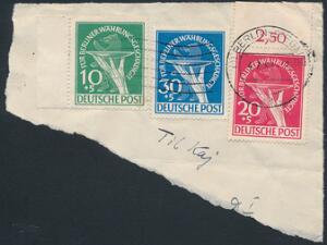 1949. 105, 205 og 305 pf., Valutaramte. Komplet serie på lille brevklip, annulleret Berlin-Steglitz 4.2.1950. AFA 5000.