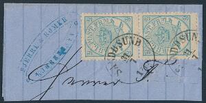 1864. 2 sk. blå. Loderet parstykke på brevstykke med NORSK stempel SANDØSUND 31.7.1870. Usædvanlig smukt