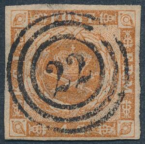 1854. 4 sk. Brun. PRAGT-mærke med smukt og skarpt nr.stempel 22.