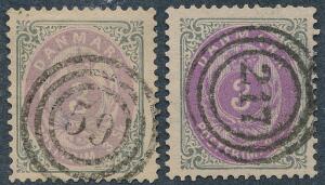 1870. 3 sk. lillagrå og purpurlillagrå. Begge nuancer med pæne nr.stempler. 17a med kort tak i syd.