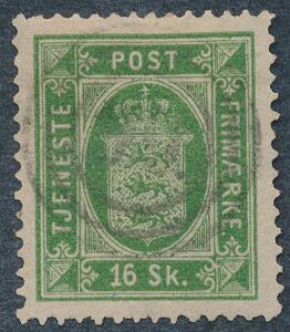 1871. 16 sk. grøn, tk.14. Smukt centreret, stemplet mærke