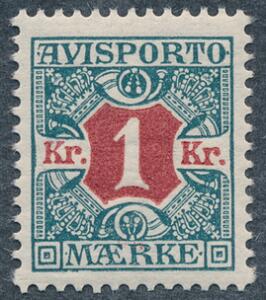 1907. 1 kr. blågrønrødbrun. Perfekt centreret postfriskt mærke. AFA 1000