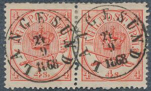 1864. 4 sk. rød. Parstykke med norsk stempel LANGESUND 24.9.1868. LUX-kvalitet