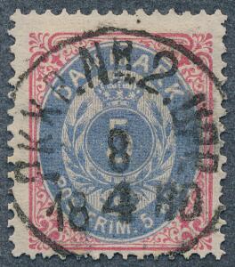 1875. 5 øre, rødblå. LUX-eksemplar med perfekt retvendt svensk stempel PKXP. Nr.2 8.4.1880