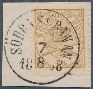 1864. 8 sk. gulbrun. Klip med svensk stempel SÖDRA STBANAN 7.8.1868. LUX-kvalitet