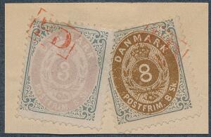 1870. 3 sk. grålilla og 8 sk. gråbrun. Lille klip annulleret med rødt engelsk rammestempel PD. Højst usædvanligt og smukt