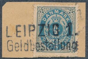 1895. 4 øre, gråblå. Tk.12. Klip annulleret med tysk stempel LEIPZIG 1 - GELDBESTELLUNG.
