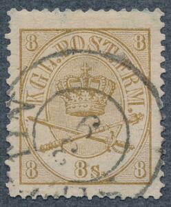 1864. 8 sk. gulbrun. Meget sjældent mærke med tysk 2-ringsstempel STETTIN 39