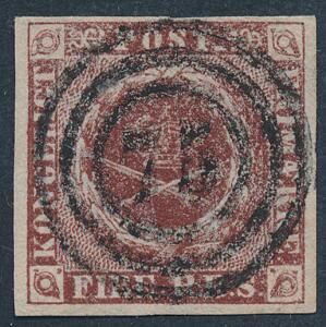 1852. 4 RBS Thiele I, rødbrun. PRAGT-mærke med helt retvendt nr.stempel 75.