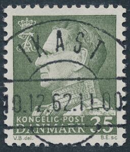 1962. Fr.IX. 35 øre, mørkgrøn. Fluorescerende papir. LUXUS-stempel IKAST 19.12.62. Et sjældent mærke i denne kvalitet