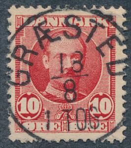 1907. Fr. VIII, 10 øre, rød. LUXUS-stempel GRÆSTED 13.8.