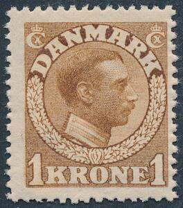 1913. Chr. X, 1 kr. Gulbrun. Postfrisk. AFA 2400