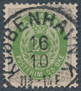 1875. 25 øre, grågrøn. Tk.14. LUXUS-stemplet mærke med helt perfekt retvendt stempel KJØBENHAVN 16.10.