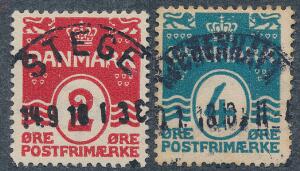 1917. Bølgelinie. 2 øre, rød og 4 øre, blå, vm. III Krone. PRAGT-stemplet sæt, et svært sæt i denne kvalitet