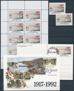1992. 75 året for salget af DVI. 2 plancher med mærkater, ark, og postkort.