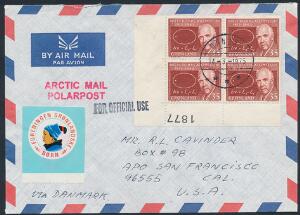 1975. Brev fra APO 09023 Thule Airbase, sendt til 960555 Edward Airforce Base, Californien. Sort liniestempel For officiel use.