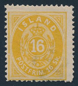 1873. Oval, 16 sk. gul, tk.14. Ubrugt med fuld originalgummi og svagt hængselspor. Facit 13000