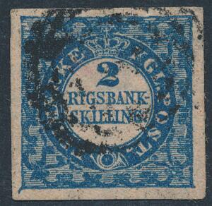 1852. 2 RBS Thiele, blå. Smukt og fejlfrit eksemplar med brede rande. AFA 10000