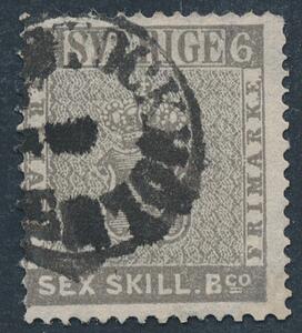 1855. 6 skill bco, grå. Tyndt papir. Stemplet STOCKHOLM. Facit 12000