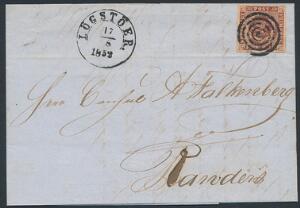1851. 4 RBS Ferslew. Bredrandet mærke på PRAGT-brev til Randers med fint stumt og retvendt LÖGSTÖER 17.8.1852.