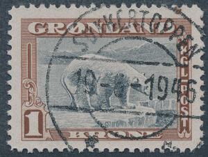 1945. 1 kr. brunsort. PRAGT-stemplet. Sjældent på denne udgave