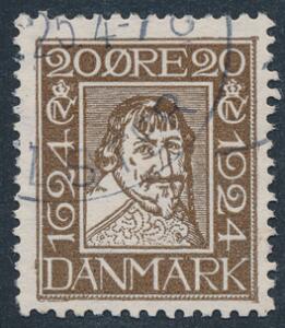 1924. Postjub. 20 øre Chr. IV, brun. Variant streg i panden.