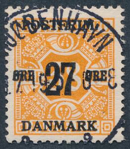 1918. 2738 øre, orange. PRAGT-mærke med retvendt stempel KJØBENHAVN X.7.19. Et svært mærke i pragt-kvalitet.