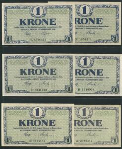 1 kr 1918 - 1921, alle forskellige og i pæne kvaliteter, Sieg 117, DOP 112, Pick 12, i alt 9 stk.