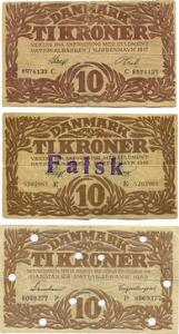 10 kr 1917, 1919, Sieg 103, Pick 21 begge falske samt 10 kr 1939, Sieg 105, Pick 31 makuleret, i alt 3 stk.