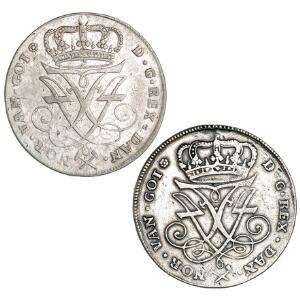 Norge, Frederik IV, 4 mark  krone 1725, 1726, NM 4, 5, H 4, 2 stk., begge med monteringsspor