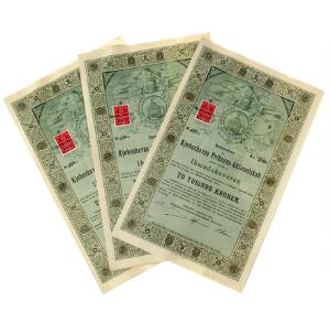 Kjøbenhavns Frihavn-Aktieselskab, 1891, tre aktier a 2.000 kr, alle med taloner og stempelmærke 1946