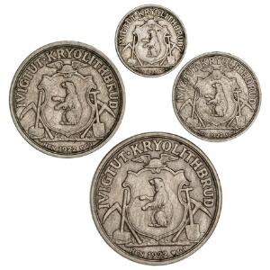 Grønland, Kryolith, Mine- og Handels Selskabet, 10, 50 øre, 2 og 10 kr 1922, Sieg 23-25, 27, i alt 4 stk. i varierende kvalitet