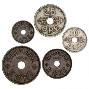 Færøerne, 1, 2, 5, 10, 25 øre 1941, Sieg 1-5 - komplet sæt