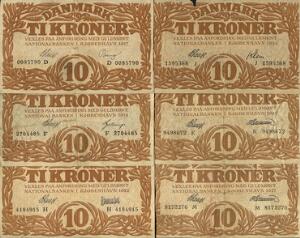 10 kr 1917 D, 1919 F, 1922 H, 1923 J store rifter, 1925 K, 1925 M, Sieg 103, DOP 114, Pick 21, i alt 6 stk.