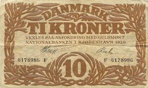 10 kr 1920 F, V. Lange  Recke, Sieg 103, DOP 114, Pick 21