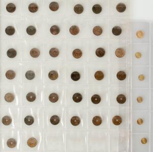 Samling 1 øre mønter fra 1874-1938, i alt 38 stk., Mexico, 2 Pesos 1945 restrike og 5 stk. miniature medailler fra Mexico, i alt Au, 3,6 g 9001000