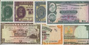 Hong Kong, lille samling på 7 sedler inkl. Pick 312, 316, 324 - alle i kv. 01 eller bedre