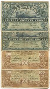 100 kr 1938, 1940, Sieg 111, DOP 126, 50 kr 1939, Sieg 108, DOP 125 2 stk., samlet 4 stk.