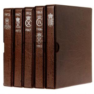 Årgangssamling i 5 album, velbesat efter 1912, inkl 12 kr komplet, 10 øre 1959, erindringsmønter 1888-1972 komplet, færøerne 1941 komplet, div. skillingsmønter