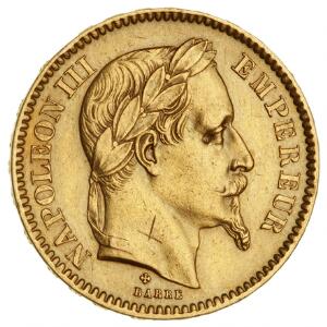 Frankrig, Napoleon III, 20 Francs 1866 BB, F 585, ridse på portræt