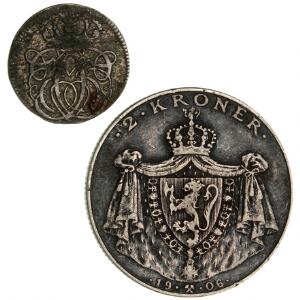 Norge, Christian V, 2 skilling 1688, NM 231, H 76, Schou 34, samt 2 kr 1906 mørk, NM 3, 2 stk.