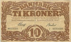 10 kr 1923 J, nr. 9033025, V. Lange  Bruhn, Sieg 103, ældre forfalskning