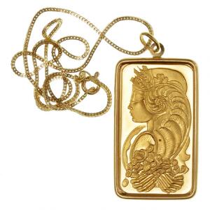 Guldbarre, one ounce 9991000 i indfatning samt med fin kæde af guld 7501000
