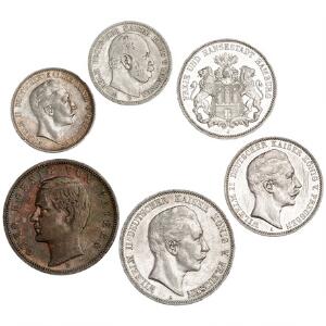 Tyskland, Bayern, 5 mark 1894, Hamburg, 3 mark 1912, Preussen, 5 mark 1907, 3 mark 1912, 2 mark 1876, 1906, i alt 6 stk.