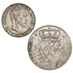Norge, Frederik IV, 4 mark  krone 1725, NM 4, H 4, adv. svage loddespor kval. 1-1. Haakon VII, 2 kr 1908, NM 6 kval. 1-1, i alt 2 stk.