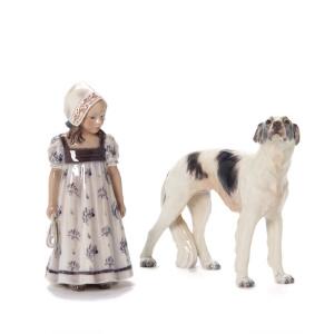 Jens Peter Dahl-Jensen To figurer af porcelæn i form af pige og hund, dekoreret i underglasurfarver. Nr. 1219 og 1137. 19-23 cm 2