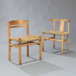 Børge Mogensen Sidestol samt armstol med stel af fyr, sæder udspændt med flettet søgræs. Prototyper. Formgivet ca. 1973. 2